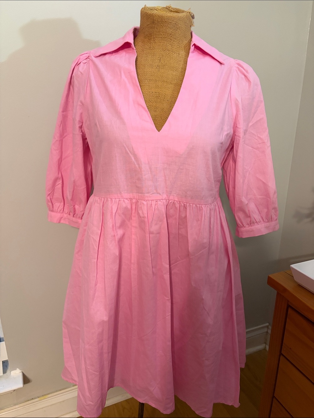 HYFVE Pink V-Neck Puff Sleeve Mini Dress